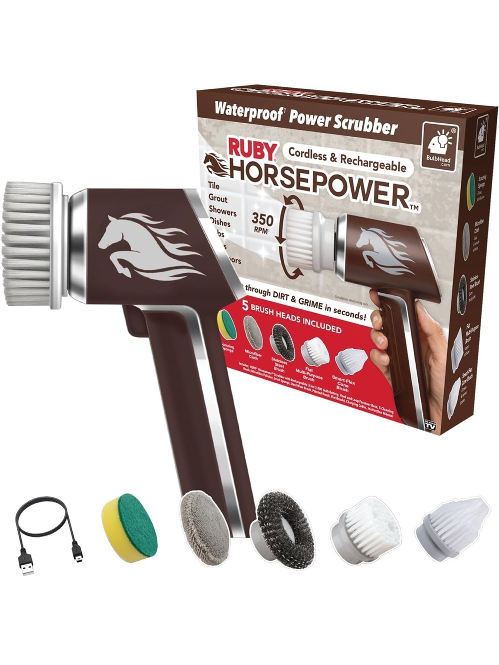 Horsepower Electric Power Scrubber, Waterproof, 350 RPM, 5 Brush Heads